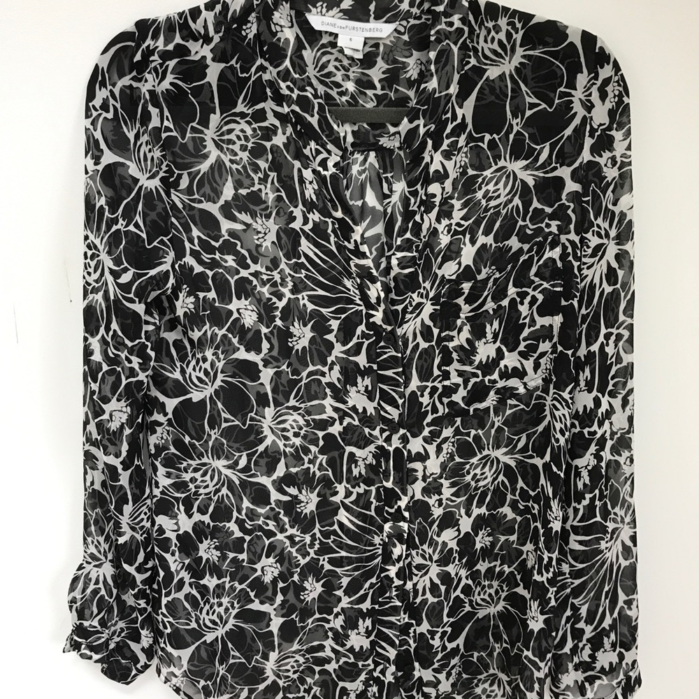 DVF Sheer b&w blouse